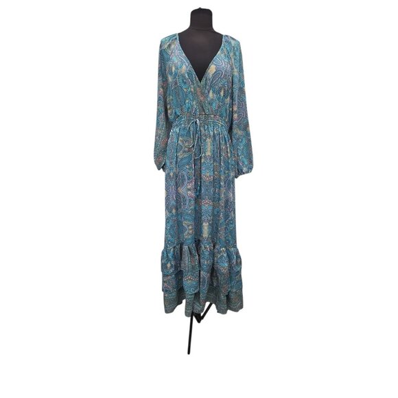 Boemo Anthropologie L Turquoise Paisley Bohemian Peasant Maxi Boho Dress Fairy - Picture 1 of 10